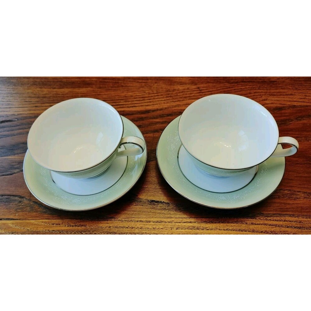 2 Noritake Maureen Cup And Saucer Sets 6728 Green Rim White Silver Trim Japan - Picture 3 of 8